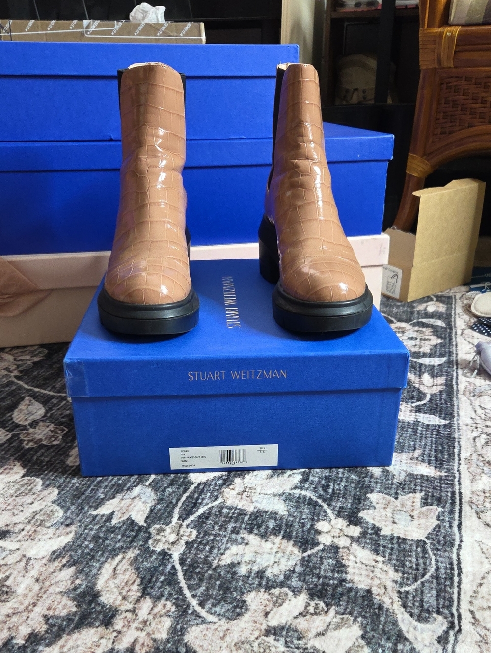Stuart Weitzman Tan Croc-Embossed Patent Leather Ankle Booties